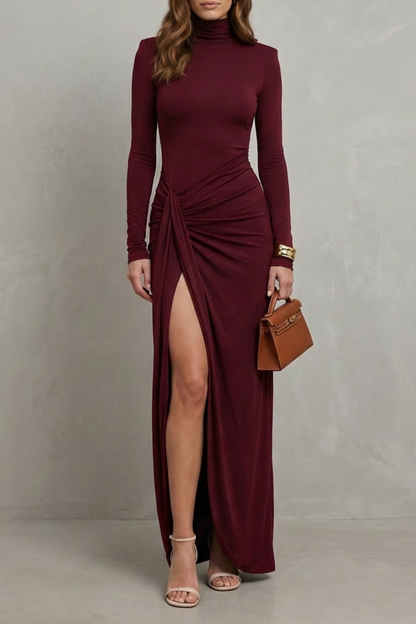 Cecily | Maxi Dress Chocolate Brown Stretch Turtleneck Draped High-Slit for Women