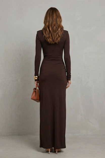 Cecily | Maxi Dress Chocolate Brown Stretch Turtleneck Draped High-Slit for Women