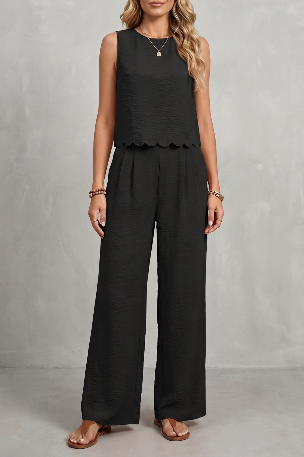 Harriet | Two-Piece Set Black Textured Scallop Hem Sleeveless for Women