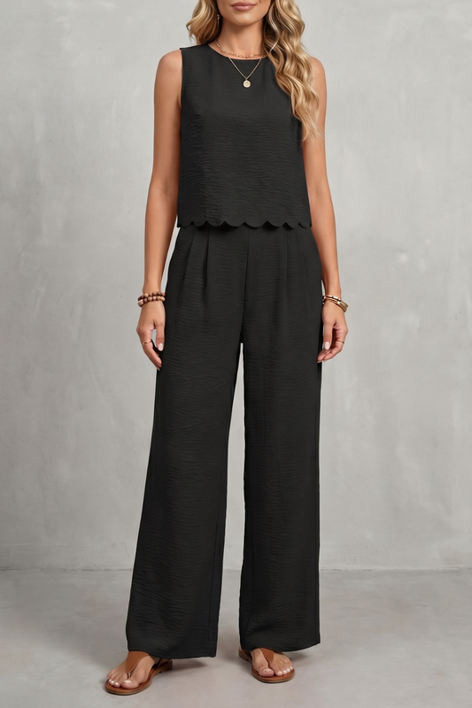 Harriet | Two-Piece Set Black Textured Scallop Hem Sleeveless for Women