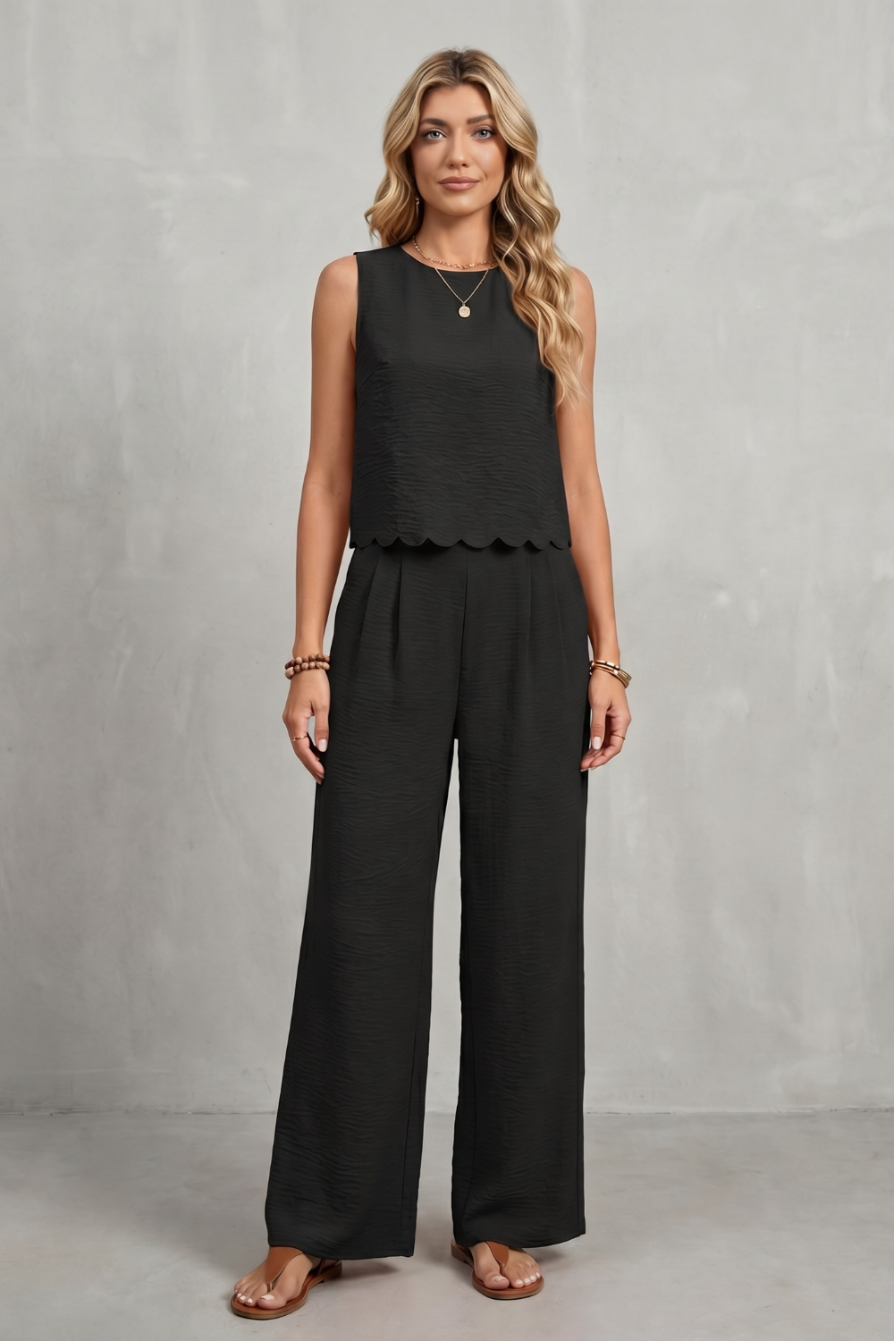 Harriet | Two-Piece Set Black Textured Scallop Hem Sleeveless for Women