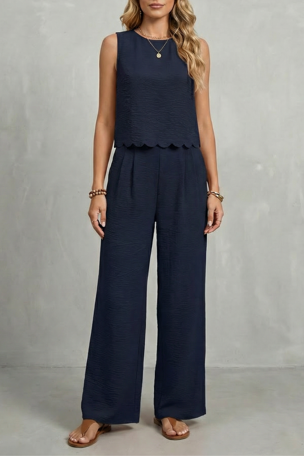 Harriet | Two-Piece Set Black Textured Scallop Hem Sleeveless for Women