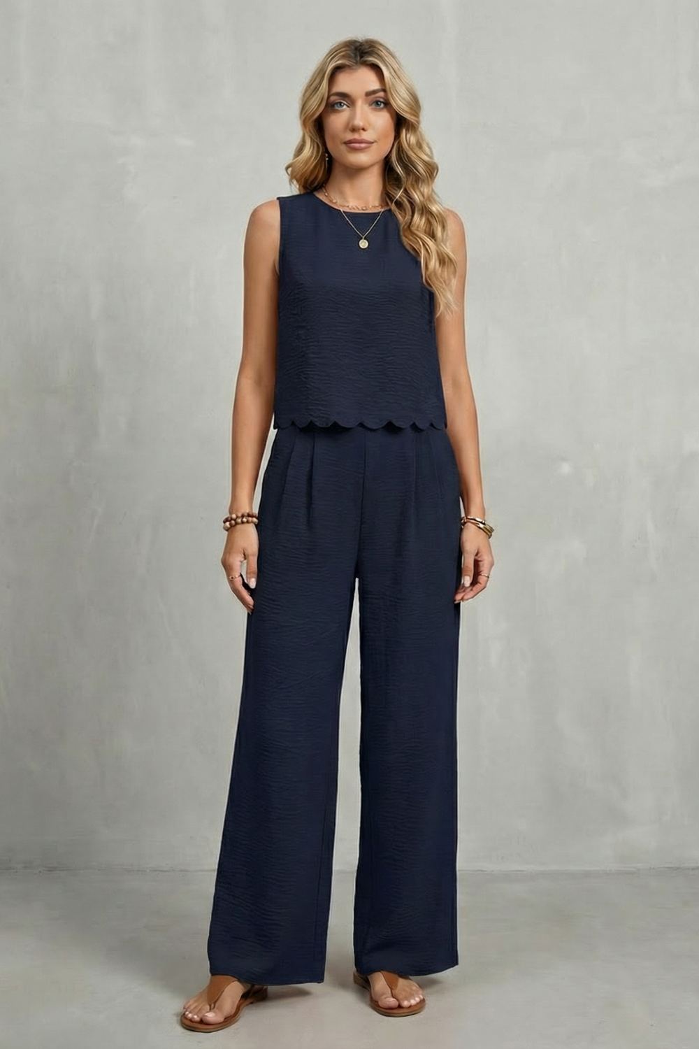 Harriet | Two-Piece Set Black Textured Scallop Hem Sleeveless for Women
