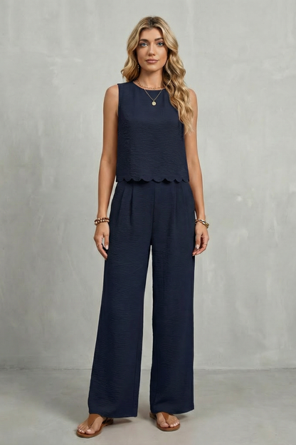 Harriet | Two-Piece Set Black Textured Scallop Hem Sleeveless for Women