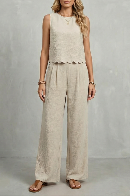Harriet | Two-Piece Set Black Textured Scallop Hem Sleeveless for Women