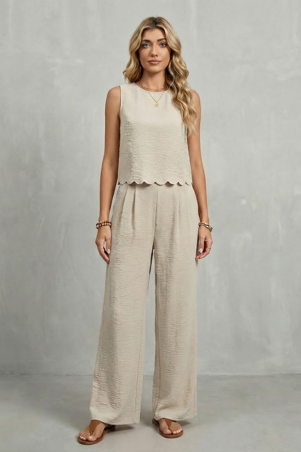 Harriet | Two-Piece Set Black Textured Scallop Hem Sleeveless for Women
