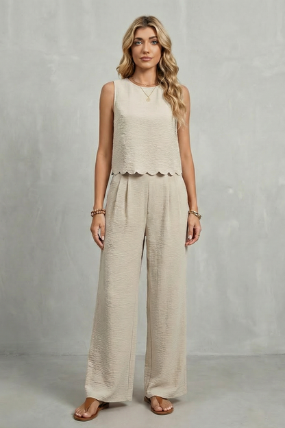 Harriet | Two-Piece Set Black Textured Scallop Hem Sleeveless for Women