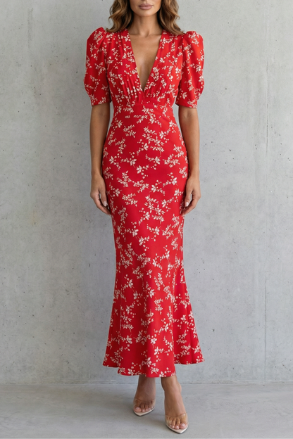 Rosalind | Maxi Dress Red Floral Polyester Deep V-Neck Puff Sleeve for Women