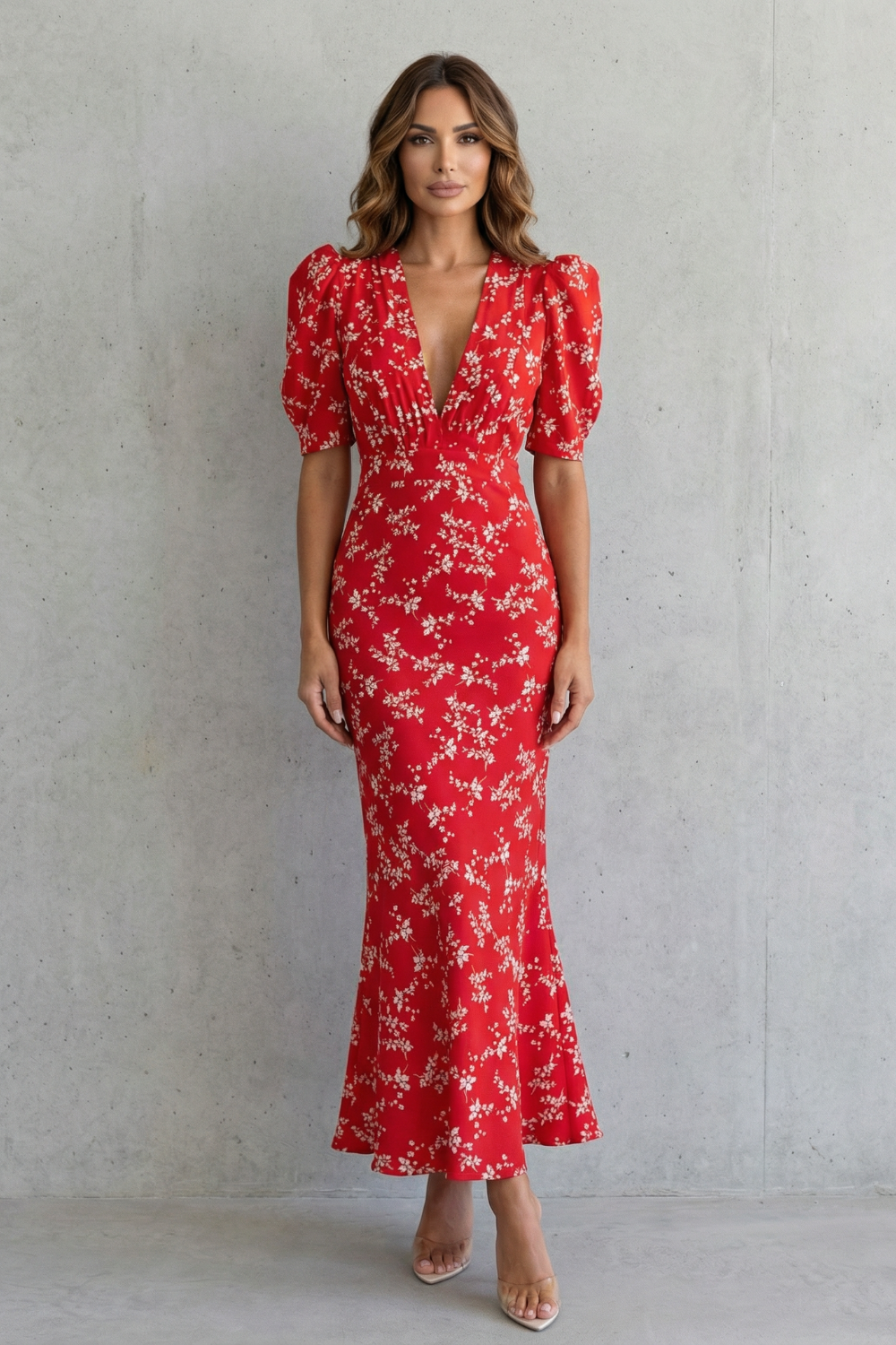 Rosalind | Maxi Dress Red Floral Polyester Deep V-Neck Puff Sleeve for Women