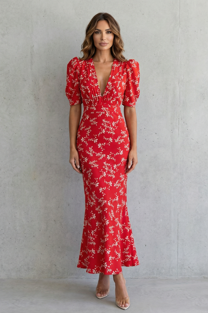 Rosalind | Maxi Dress Red Floral Polyester Deep V-Neck Puff Sleeve for Women