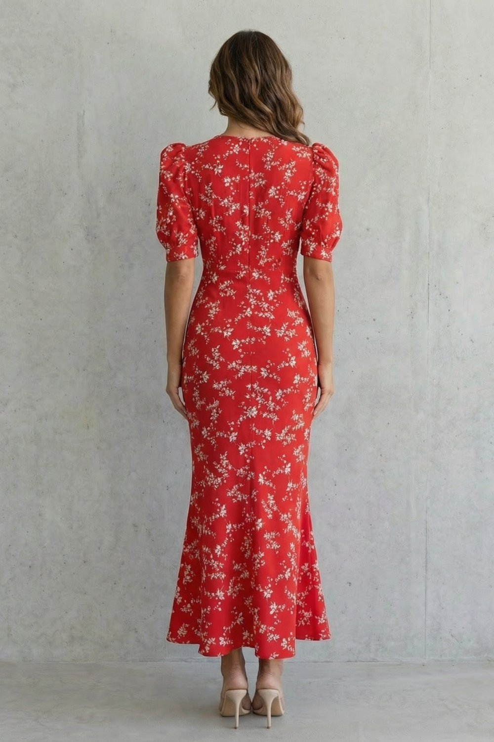 Rosalind | Maxi Dress Red Floral Polyester Deep V-Neck Puff Sleeve for Women