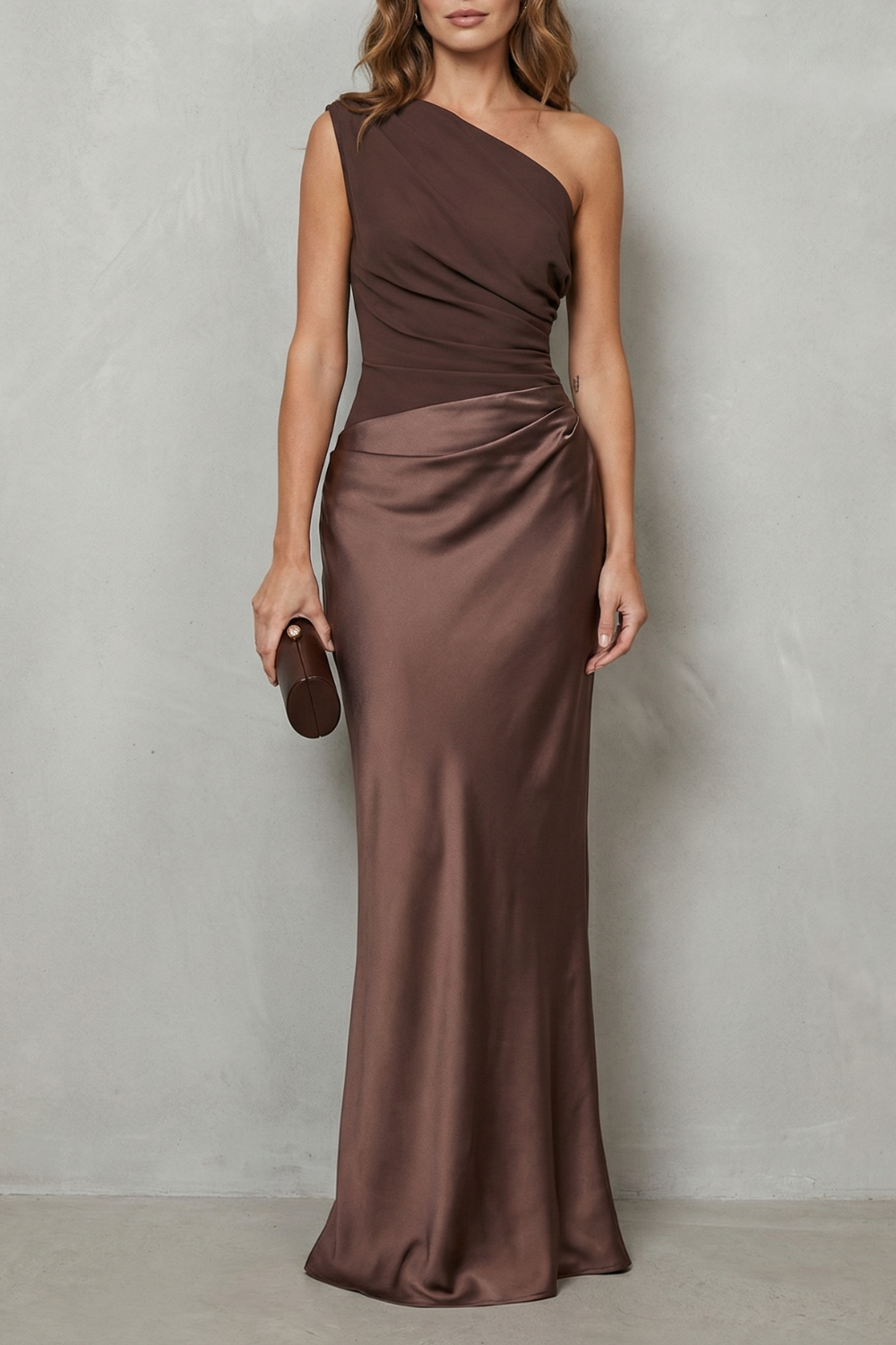 Lavinia | Maxi Evening Dress Chocolate Brown Satin One-Shoulder for Women
