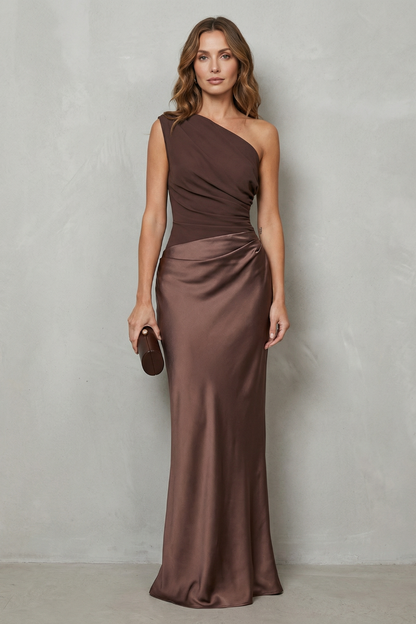 Lavinia | Maxi Evening Dress Chocolate Brown Satin One-Shoulder for Women