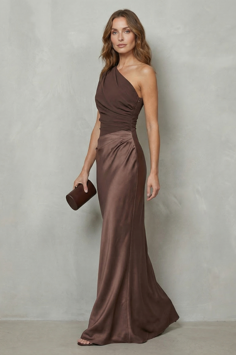Lavinia | Maxi Evening Dress Chocolate Brown Satin One-Shoulder for Women