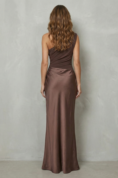 Lavinia | Maxi Evening Dress Chocolate Brown Satin One-Shoulder for Women