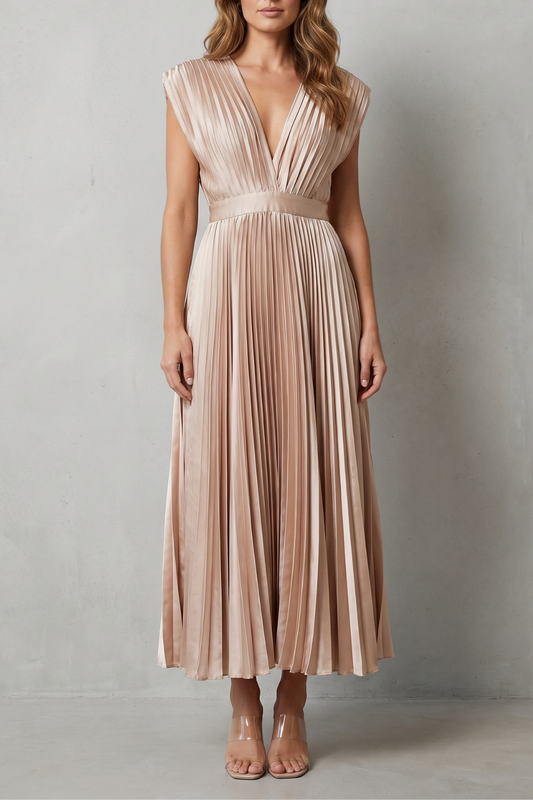 Rosalind | Midi Dress Blush Satin Pleated V-Neck Sleeveless for Women