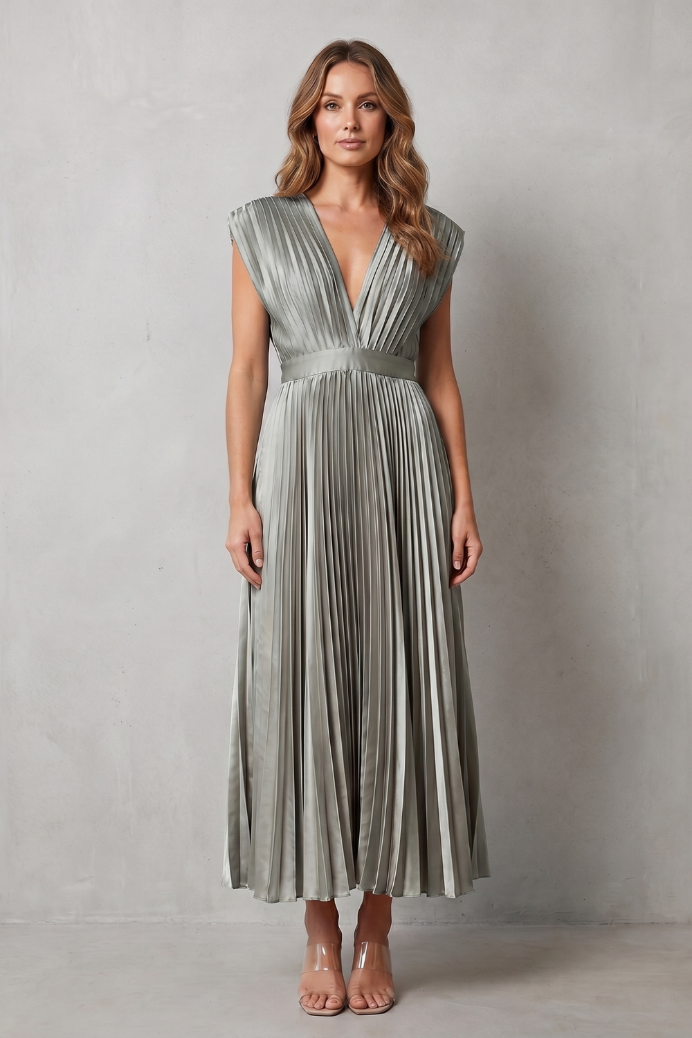 Rosalind | Midi Dress Blush Satin Pleated V-Neck Sleeveless for Women