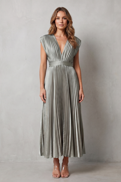 Rosalind | Midi Dress Blush Satin Pleated V-Neck Sleeveless for Women