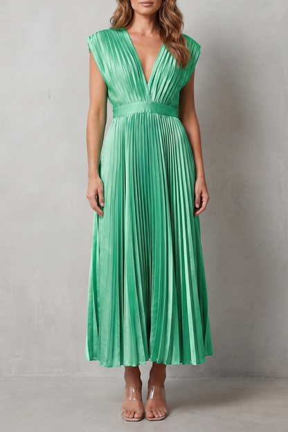 Rosalind | Midi Dress Blush Satin Pleated V-Neck Sleeveless for Women
