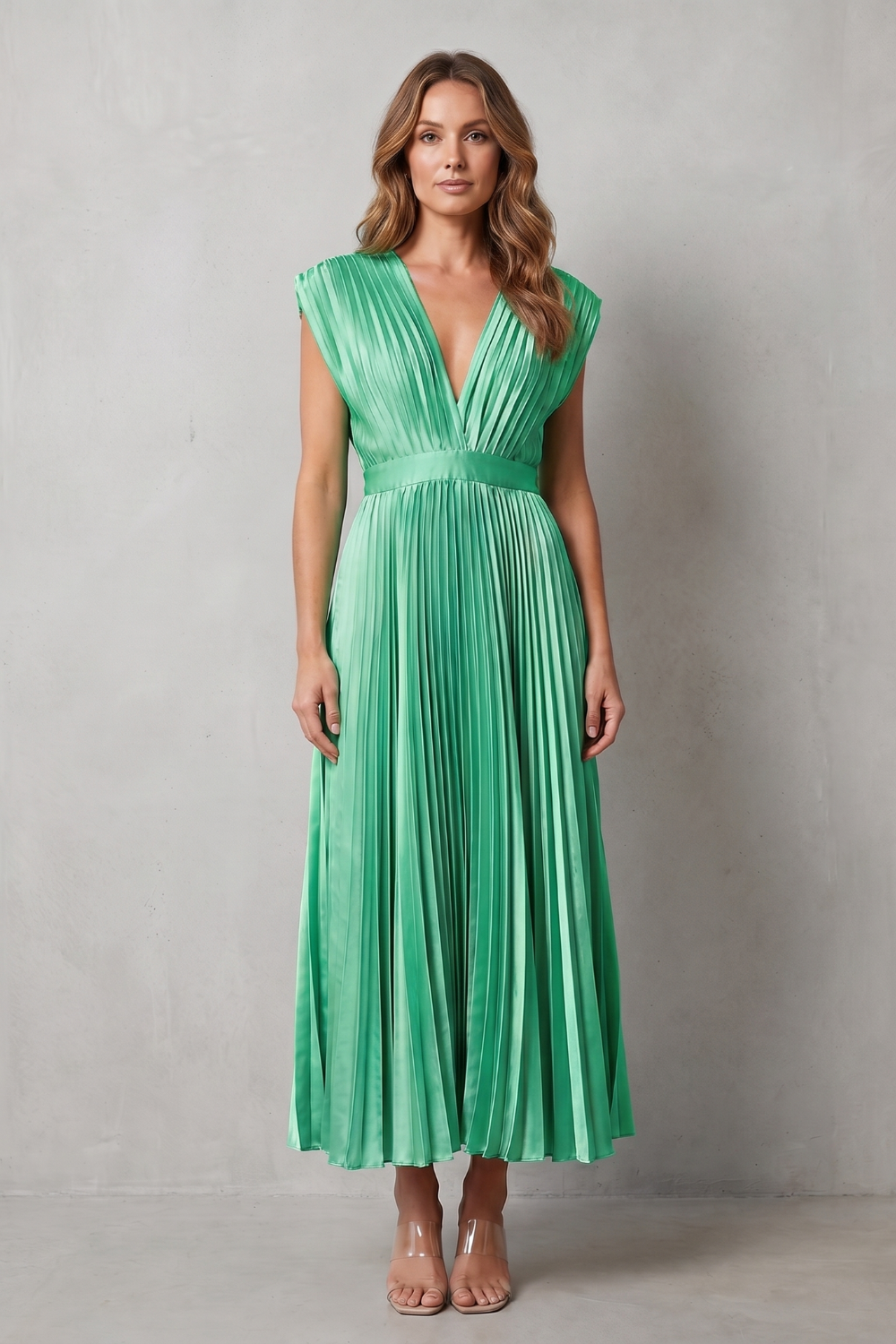 Rosalind | Midi Dress Blush Satin Pleated V-Neck Sleeveless for Women