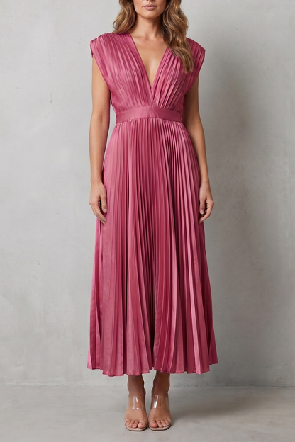 Rosalind | Midi Dress Blush Satin Pleated V-Neck Sleeveless for Women