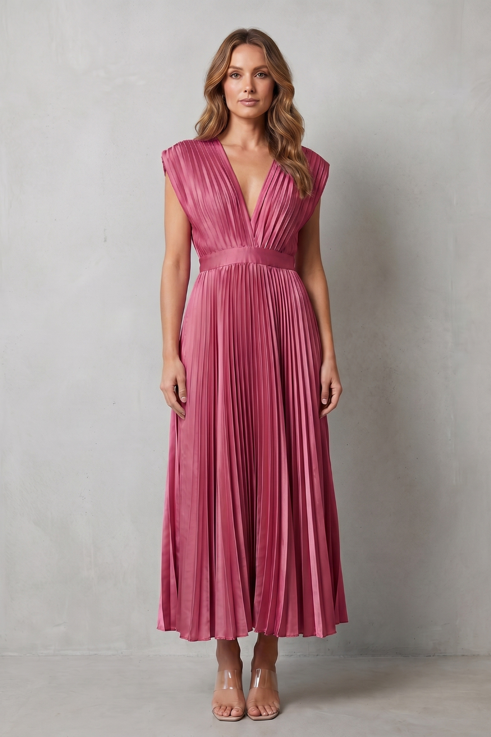 Rosalind | Midi Dress Blush Satin Pleated V-Neck Sleeveless for Women