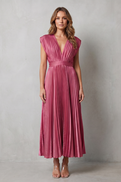 Rosalind | Midi Dress Blush Satin Pleated V-Neck Sleeveless for Women