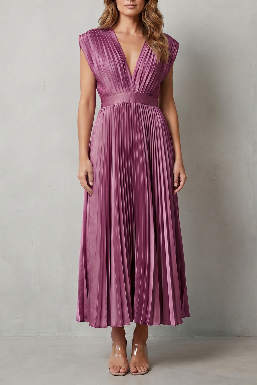 Rosalind | Midi Dress Blush Satin Pleated V-Neck Sleeveless for Women