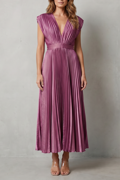 Rosalind | Midi Dress Blush Satin Pleated V-Neck Sleeveless for Women