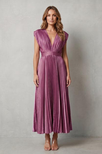 Rosalind | Midi Dress Blush Satin Pleated V-Neck Sleeveless for Women
