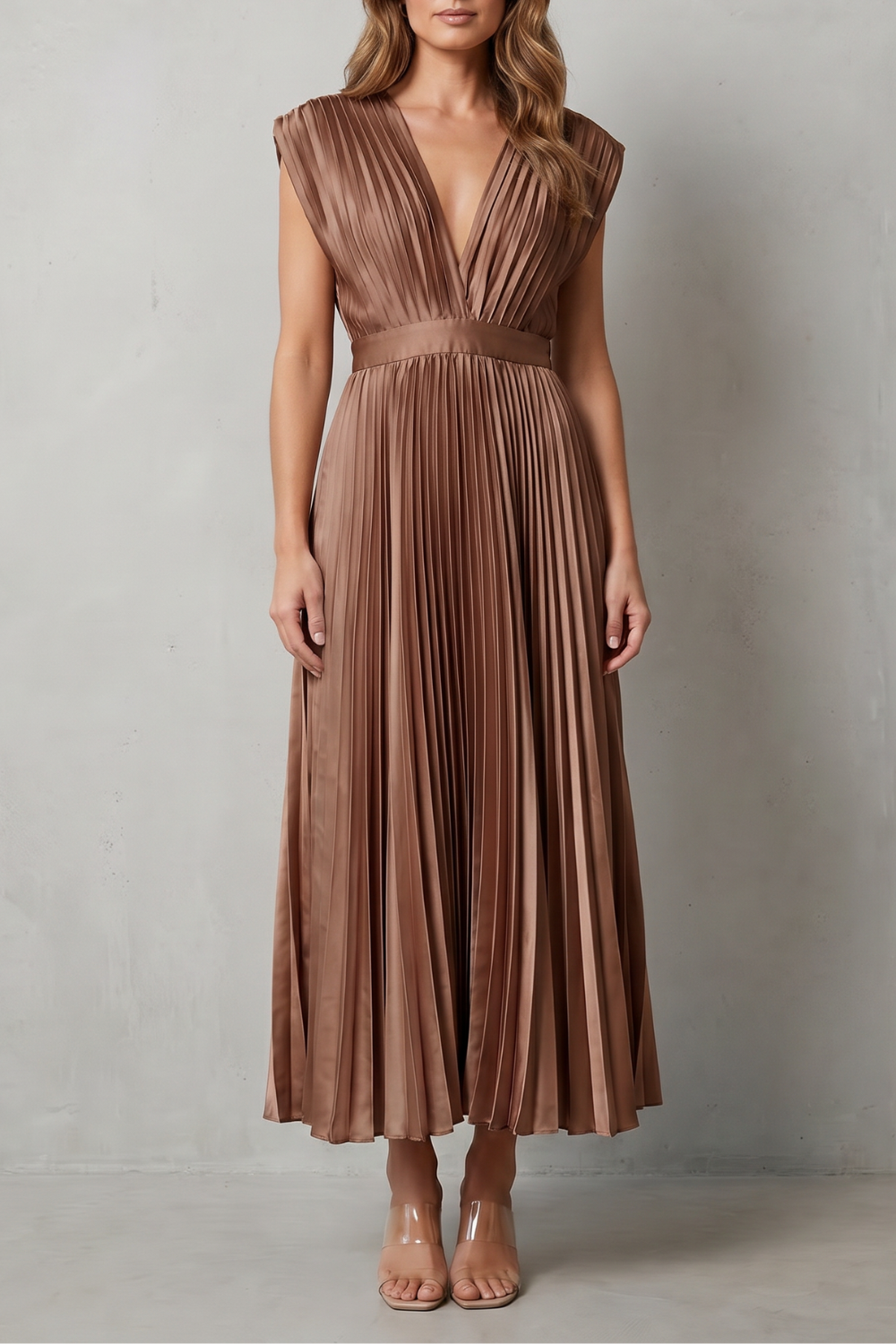 Rosalind | Midi Dress Blush Satin Pleated V-Neck Sleeveless for Women