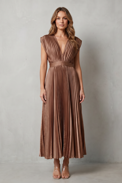 Rosalind | Midi Dress Blush Satin Pleated V-Neck Sleeveless for Women