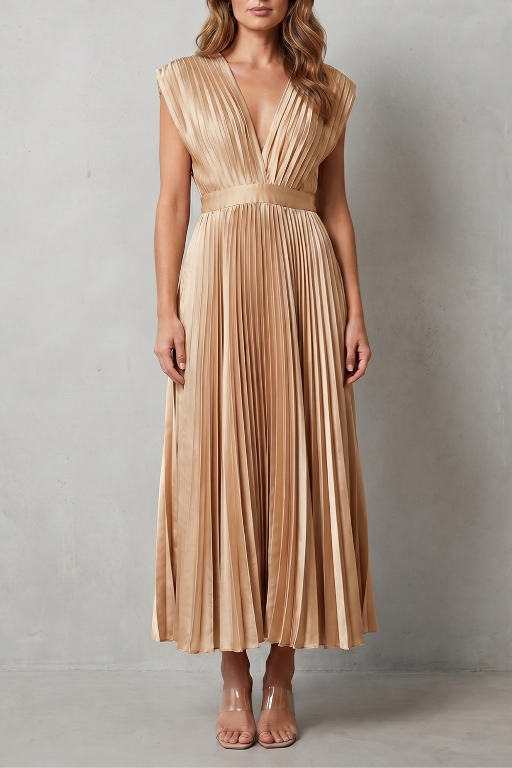 Rosalind | Midi Dress Blush Satin Pleated V-Neck Sleeveless for Women
