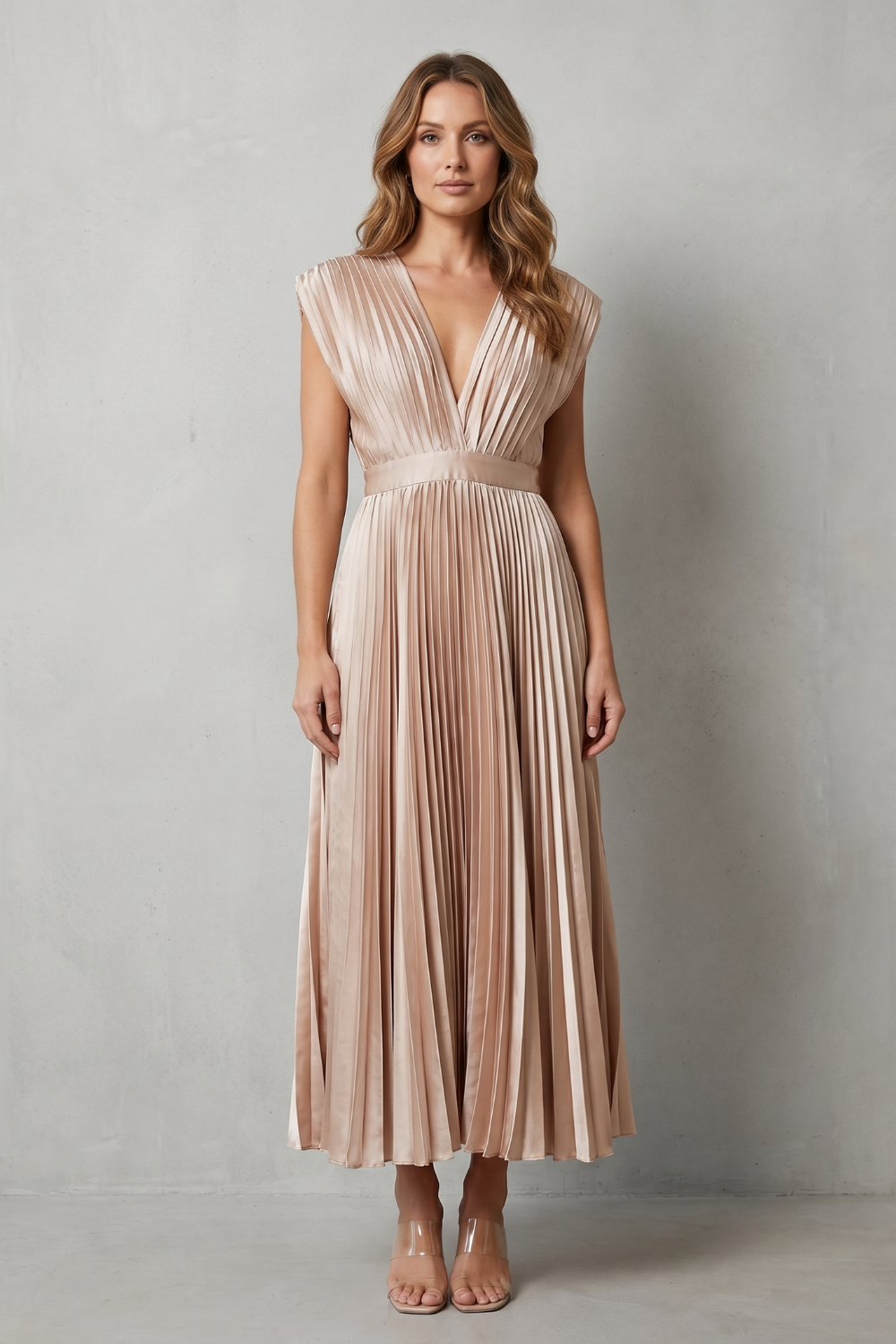 Rosalind | Midi Dress Blush Satin Pleated V-Neck Sleeveless for Women