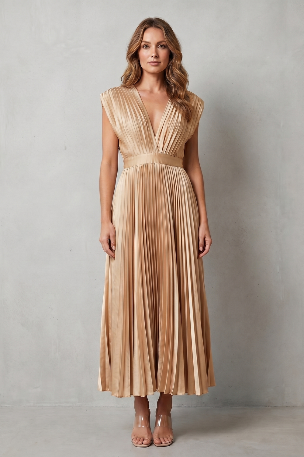 Rosalind | Midi Dress Blush Satin Pleated V-Neck Sleeveless for Women