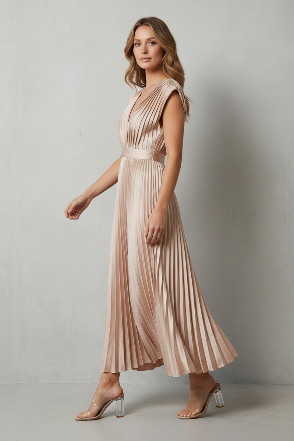 Rosalind | Midi Dress Blush Satin Pleated V-Neck Sleeveless for Women