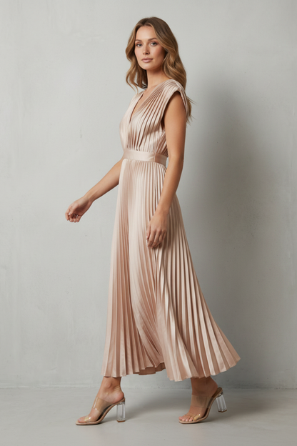 Rosalind | Midi Dress Blush Satin Pleated V-Neck Sleeveless for Women
