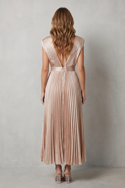 Rosalind | Midi Dress Blush Satin Pleated V-Neck Sleeveless for Women