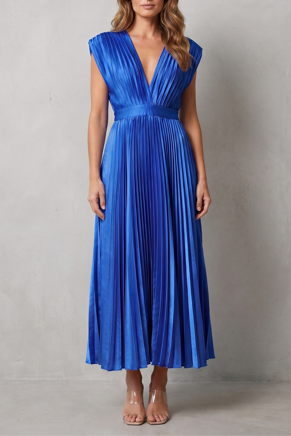 Rosalind | Midi Dress Blush Satin Pleated V-Neck Sleeveless for Women