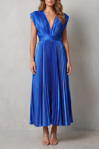 Rosalind | Midi Dress Blush Satin Pleated V-Neck Sleeveless for Women