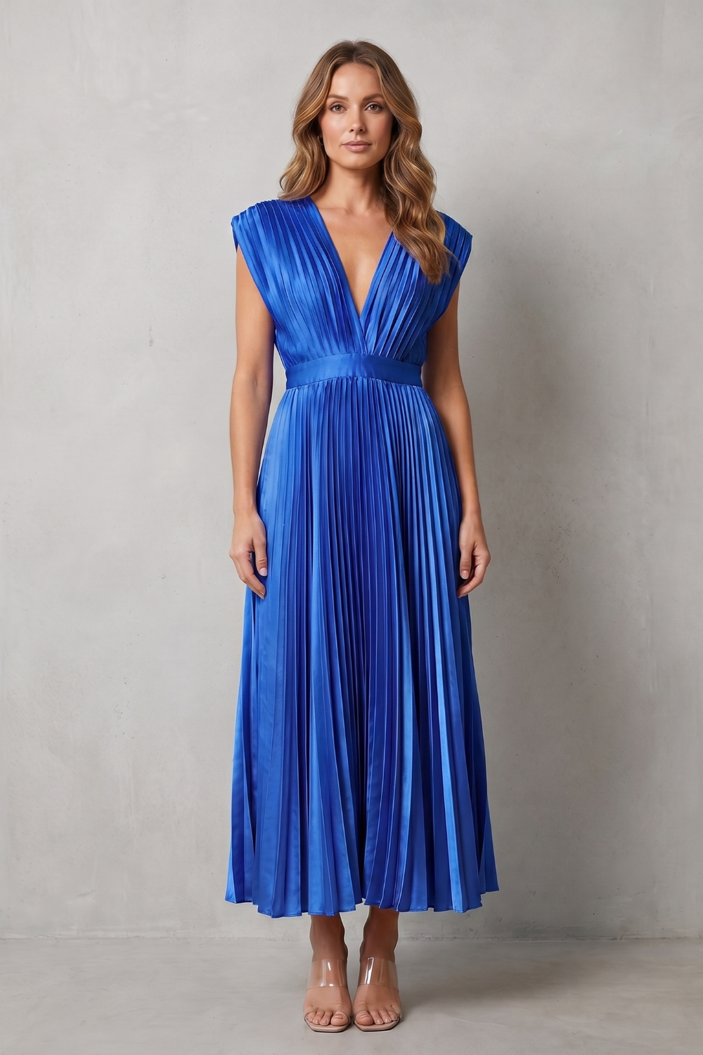 Rosalind | Midi Dress Blush Satin Pleated V-Neck Sleeveless for Women