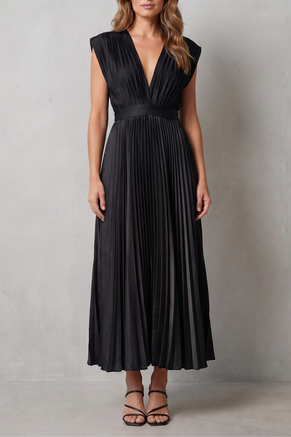 Rosalind | Midi Dress Blush Satin Pleated V-Neck Sleeveless for Women