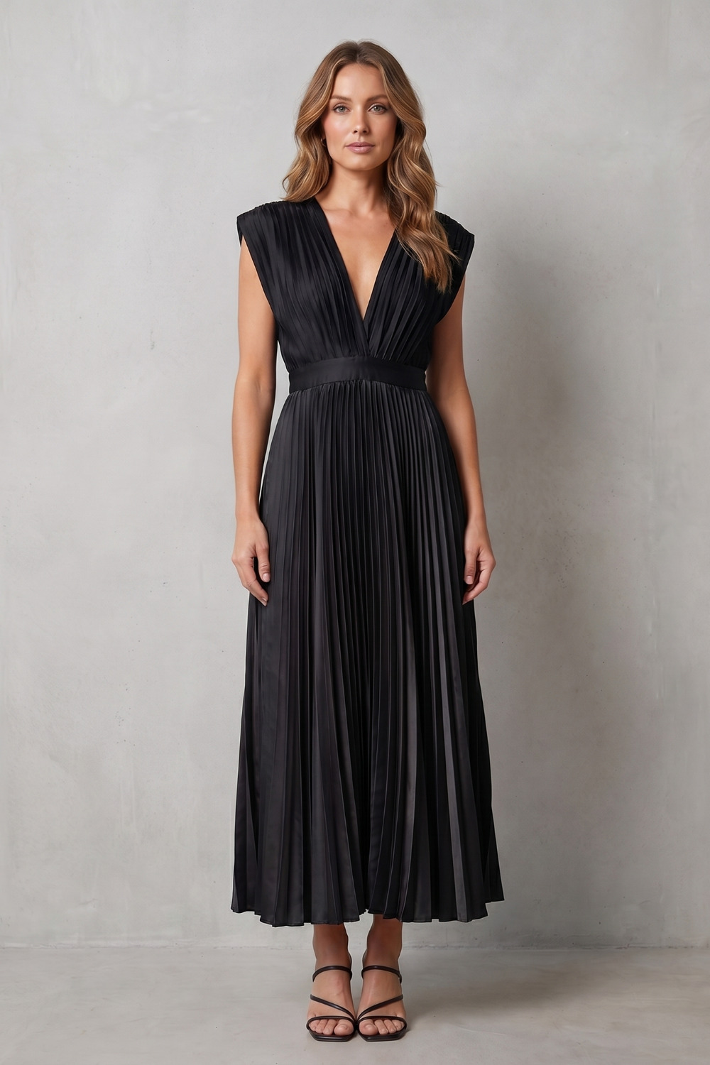 Rosalind | Midi Dress Blush Satin Pleated V-Neck Sleeveless for Women