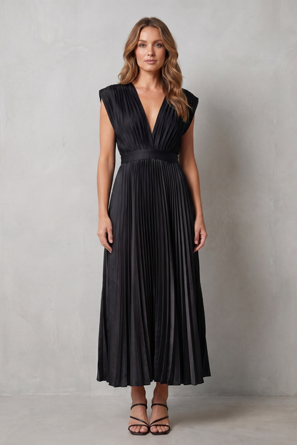 Rosalind | Midi Dress Blush Satin Pleated V-Neck Sleeveless for Women