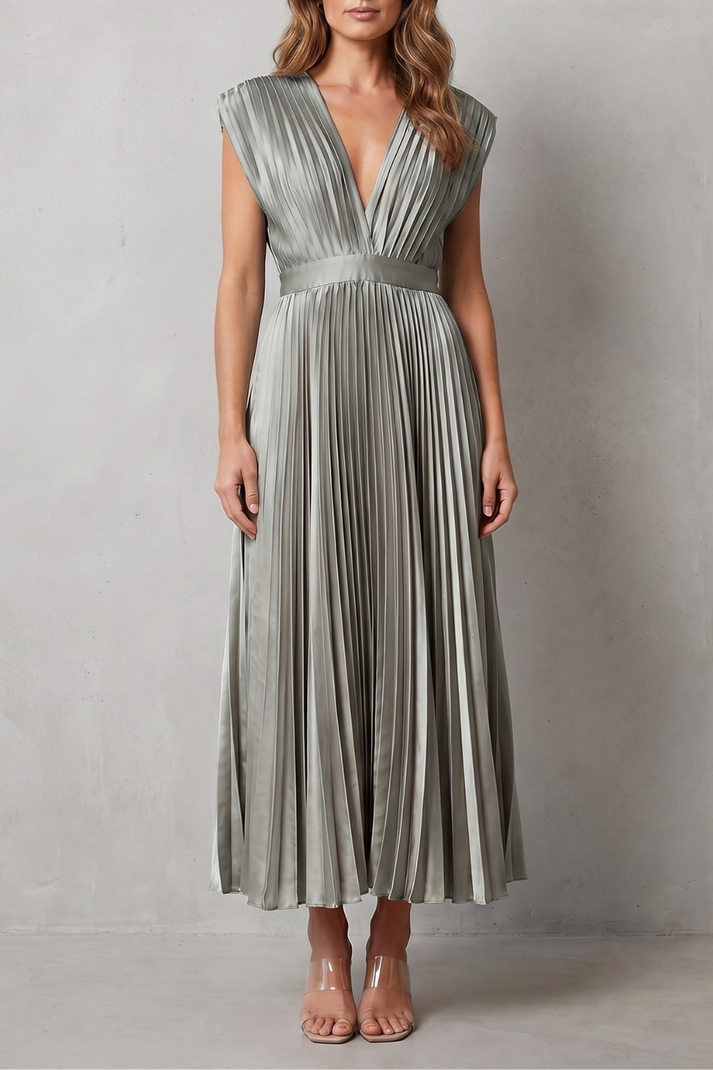 Rosalind | Midi Dress Blush Satin Pleated V-Neck Sleeveless for Women