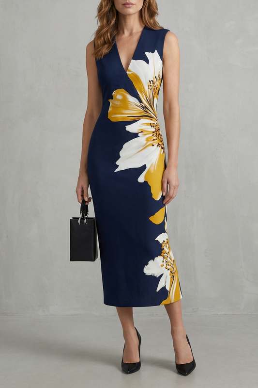 Phoebe | Midi Dress Navy Blue Floral Print Sleeveless V-Neck for Women