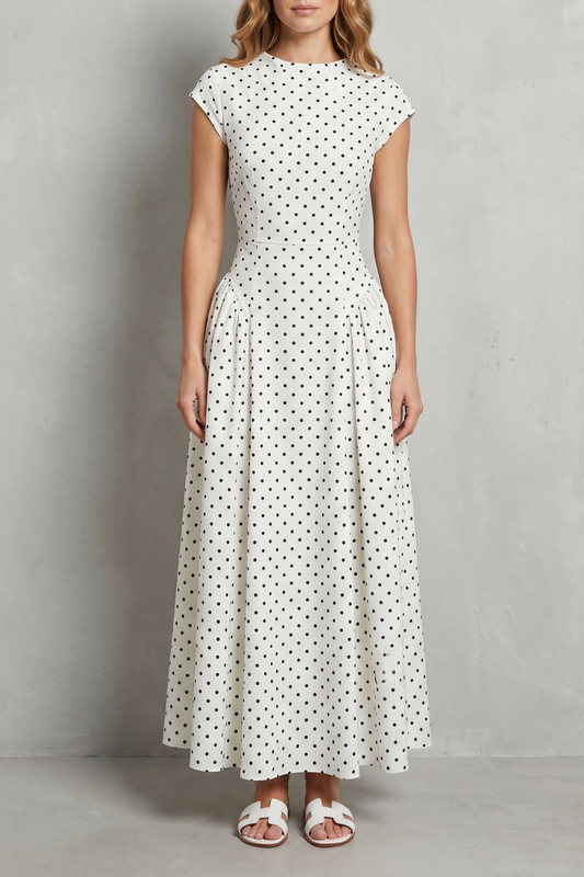 Phoebe | Maxi Dress White Black Polka Dot Cap Sleeve A-Line for Women