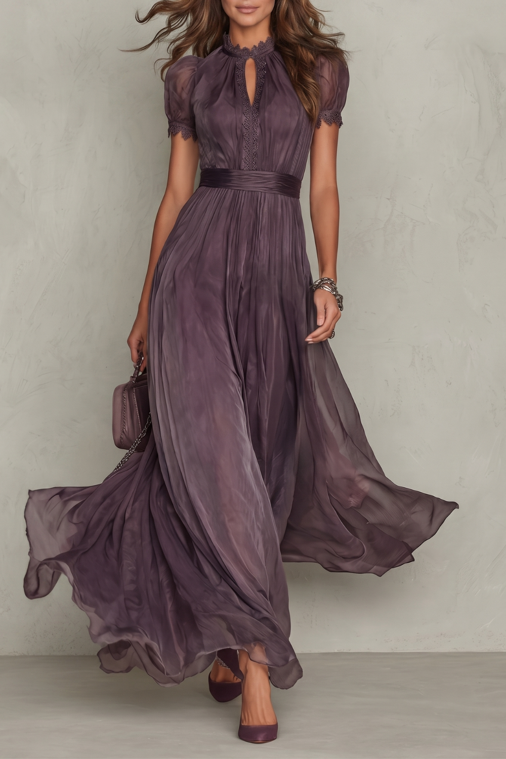 Cecily | Maxi Dress Purple Chiffon Lace Keyhole Short Sleeve for Women
