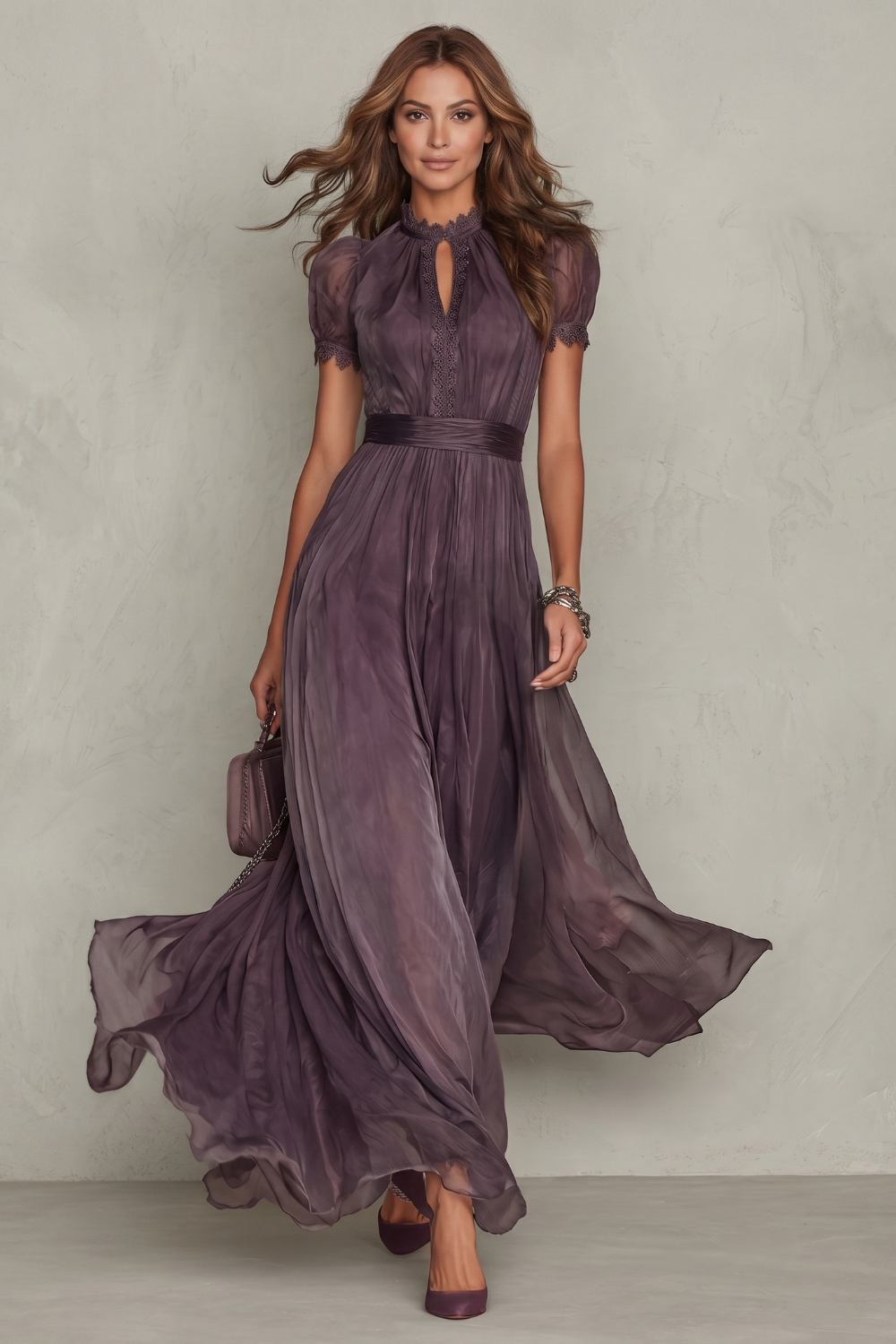 Cecily | Maxi Dress Purple Chiffon Lace Keyhole Short Sleeve for Women