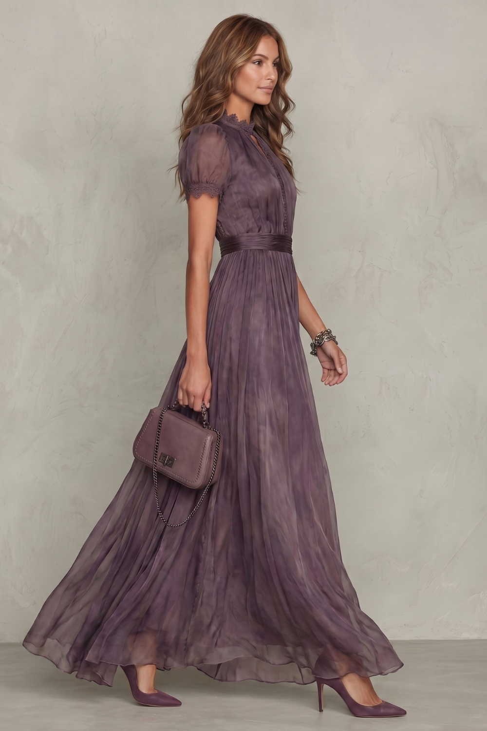 Cecily | Maxi Dress Purple Chiffon Lace Keyhole Short Sleeve for Women